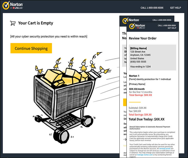 checkout screen showing empty cart illustration and mobile examples