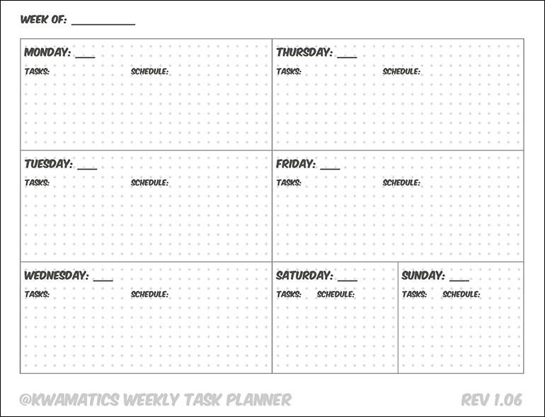 printout of the Kwamatics weekly task planner